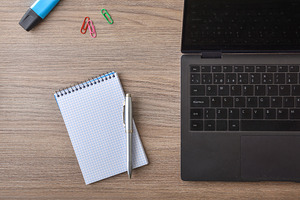 Office Desk Workspace with Notebook and Laptop, a Business Photo by Davizro's Market