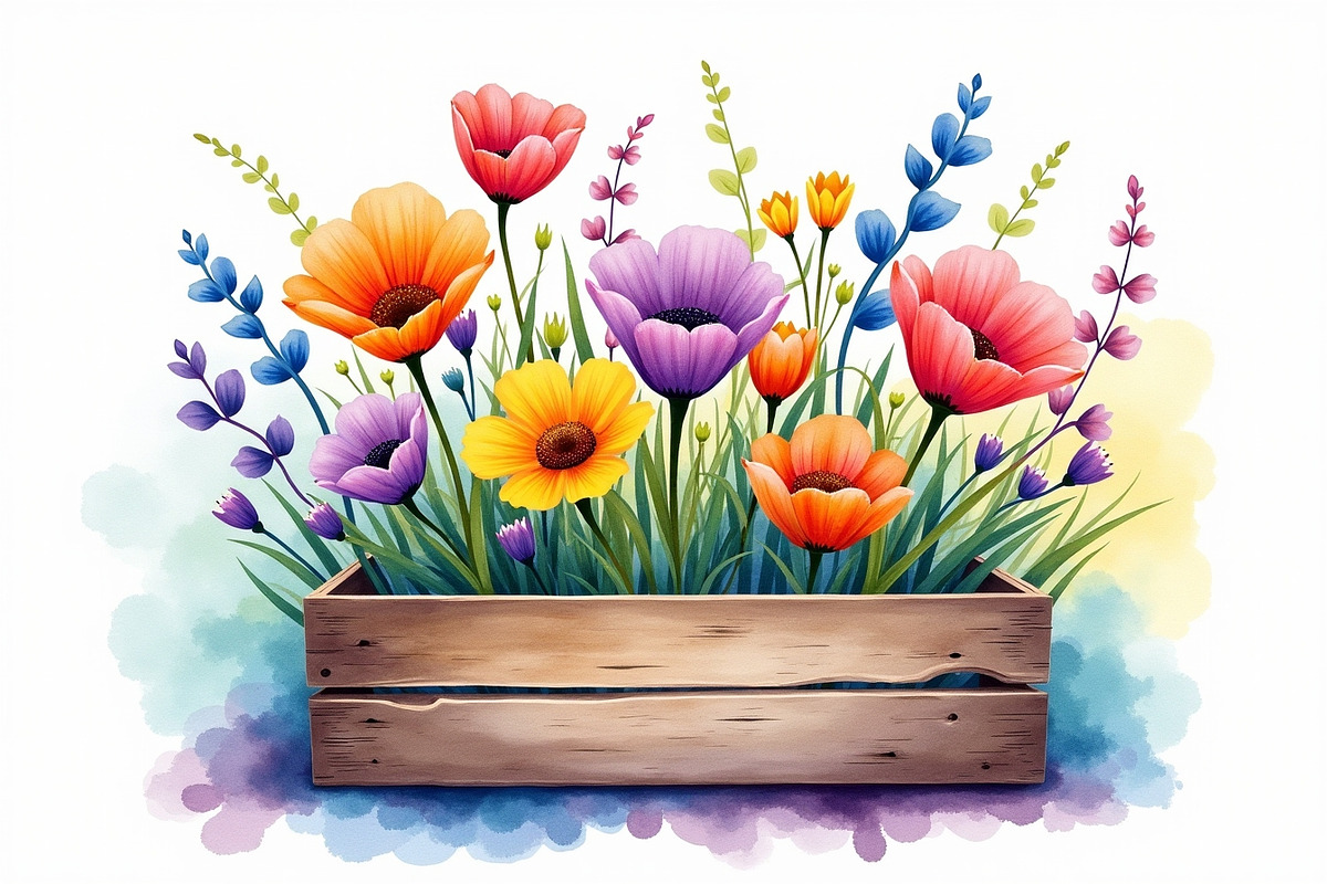 Wildflowers In Wooden Box Clipart Ki, an Illustration by hafijul (Photo 11 of 14)