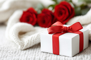 Romantic white gift box with a red, a Holiday Photo by MistyDay