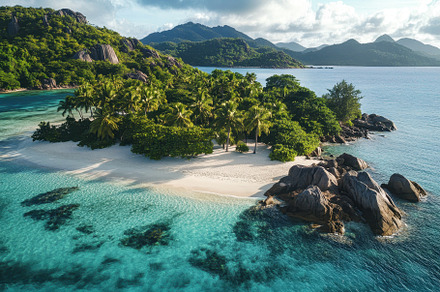 Remote tropical island with lush gre, a Photo by Tanuart