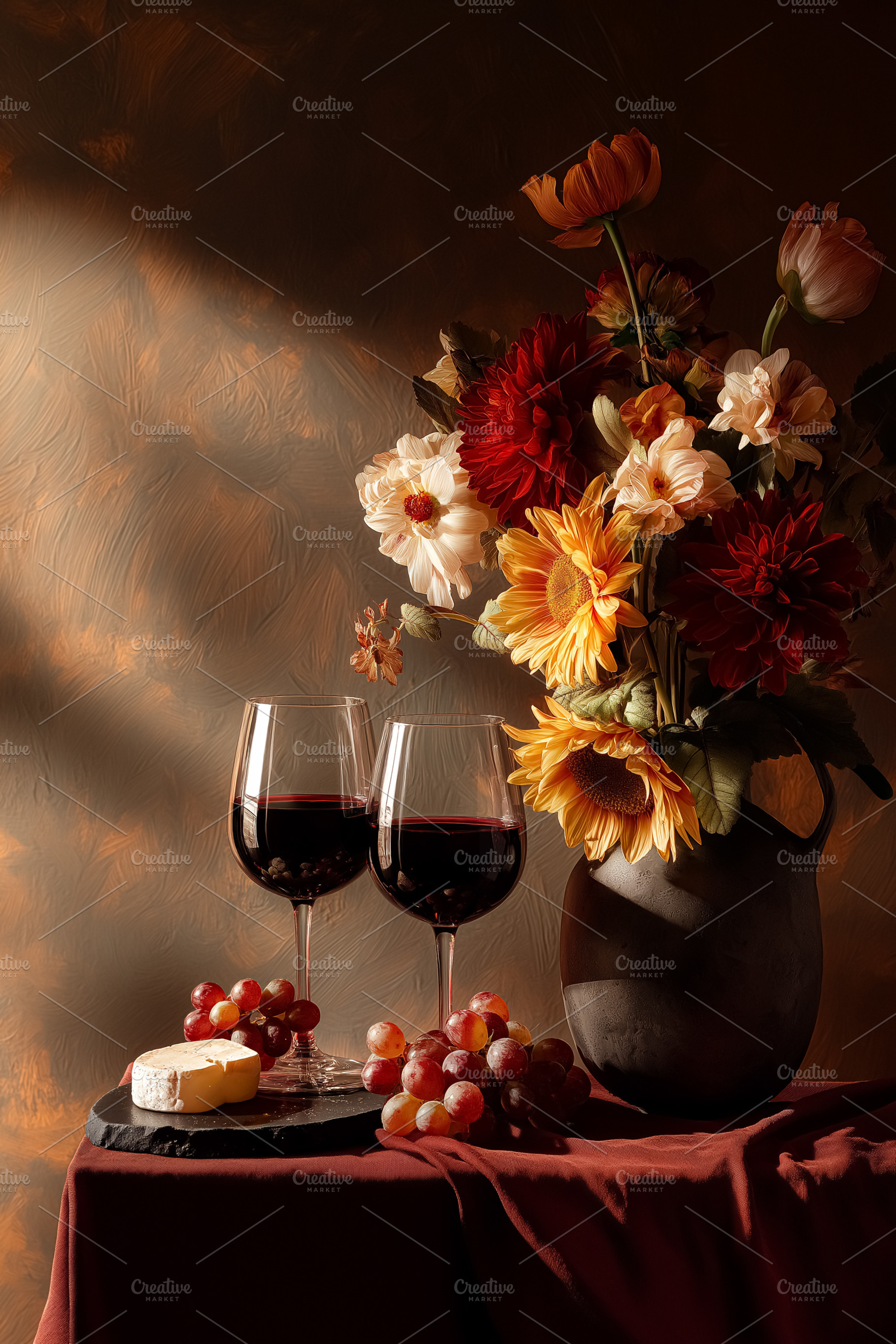 Still life with red wine glasses, cheese, grapes, and a vibrant flower bouquet, a Food & Drink Photo by Studio ANNA