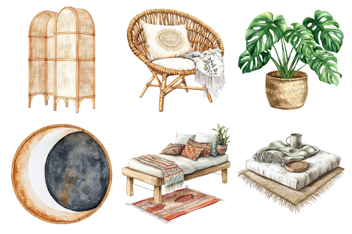 Watercolor Boho Interior Clipart, an Illustration by Daily.Designs (Photo 4 of 5)