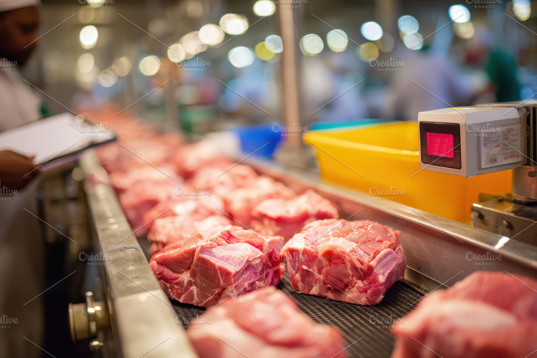 Fresh pork meat on conveyor belt in processing facility, a Food & Drink Photo by AlyaAnd