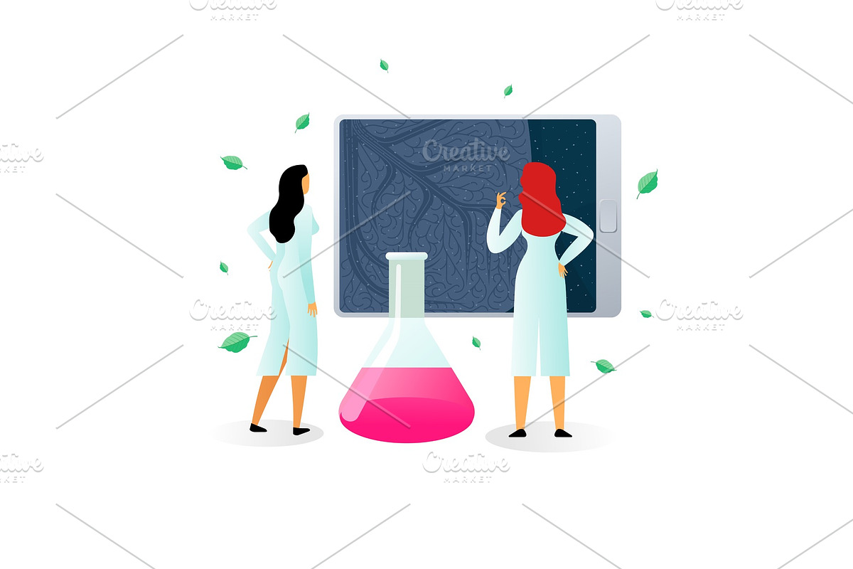 two medical scientists and a bottle, a Healthcare Illustration by Handy Trendy