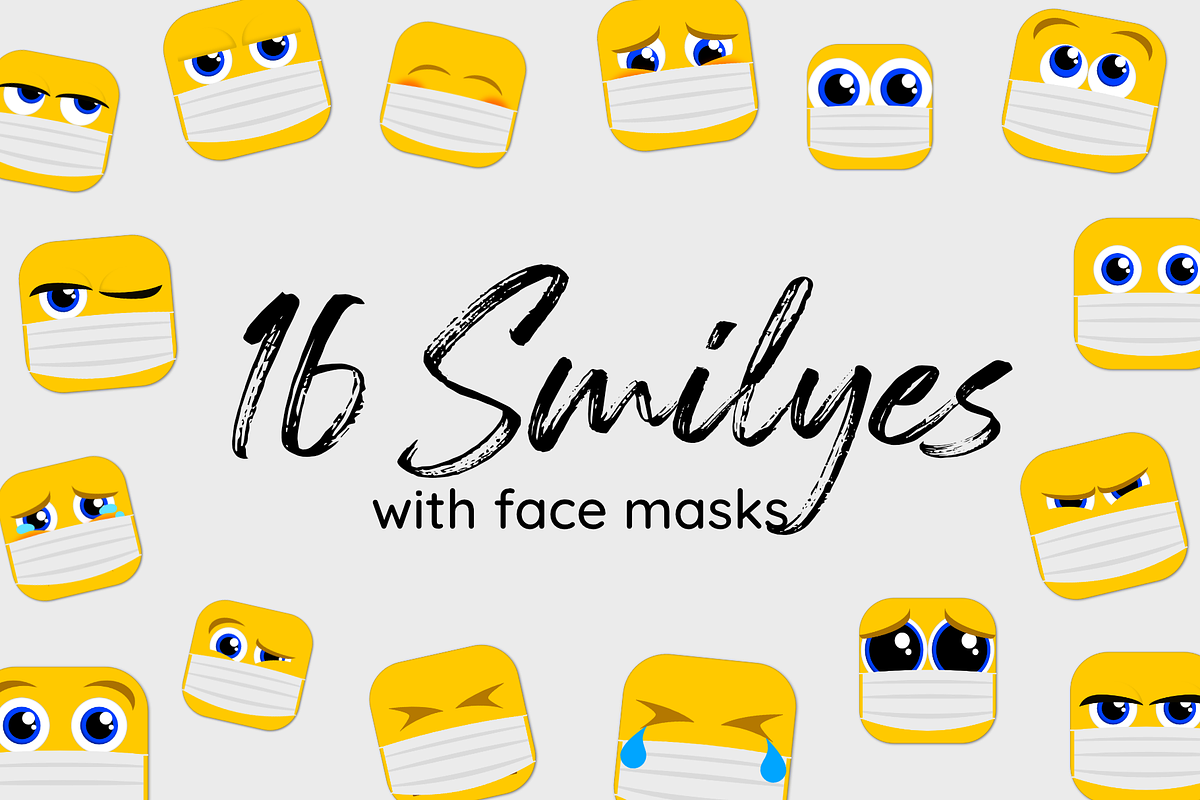 16 Smiley Emoji Icons with face mask, an Emoji Icon by Littlefield Design (Photo 1 of 2)