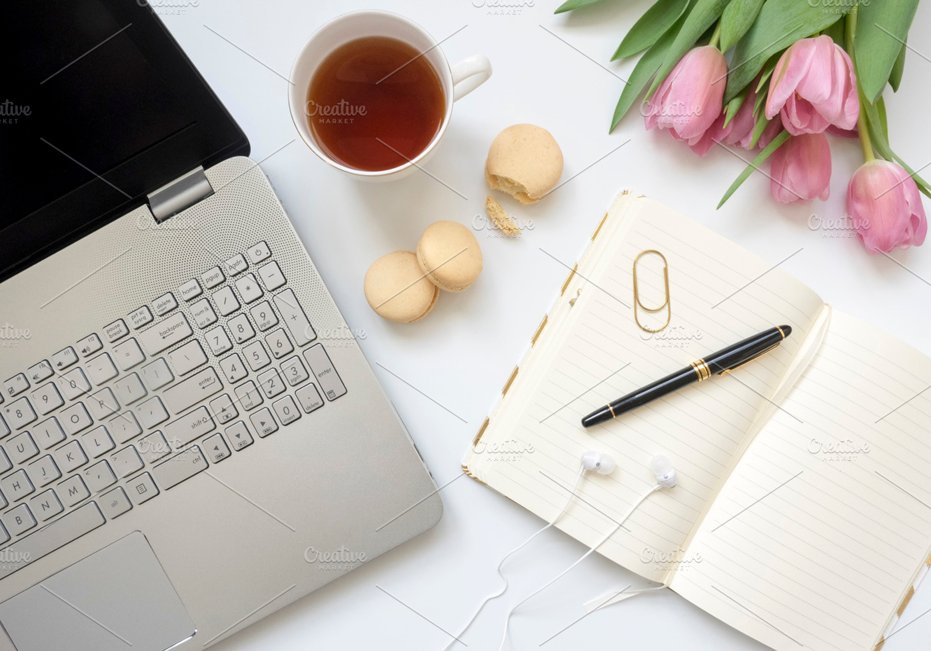 Modern flat lay styled desk mock up containing flat lay, modern, and clean, a Business Photo by Imagefountain Photos