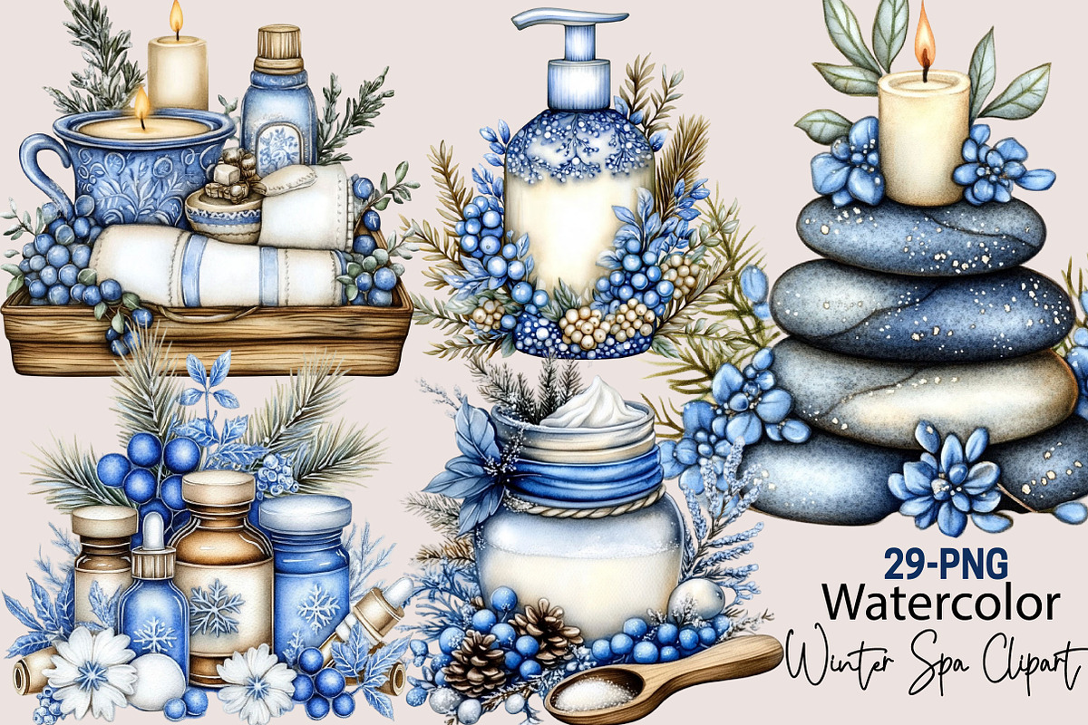Watercolor Winter Spa Clipart Bundle, a Seasonal Illustration by SVGArt (Photo 1 of 5)