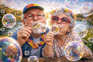 A fun-loving elderly couple blowing, a Person Photo by angellodeco
