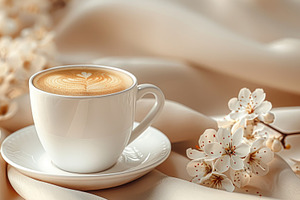 Latte art coffee cup with cherry blossoms elegant spring aesthet, a Holiday Photo by José Manuel Gelpi