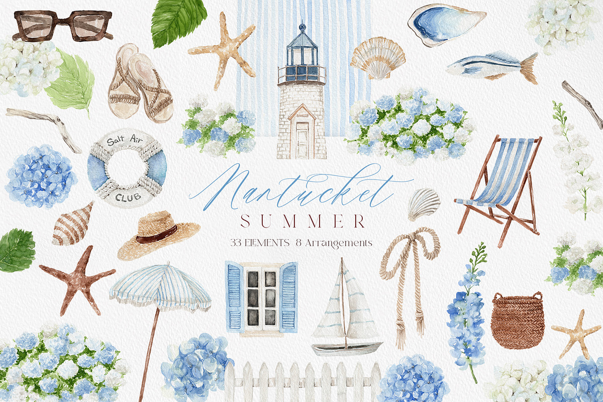 Watercolor Nantucket Summer Clipart, a Decorative Illustration by Beigetime (Photo 1 of 9)
