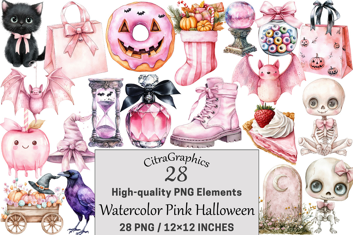 Watercolor Pink Halloween Clipart, a Seasonal Illustration by CitraGraphics (Photo 1 of 6)