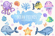 Watercolor Ocean Animals Clipart, an Animal Illustration by ekossa_art (Thumbnail 1 of 4)
