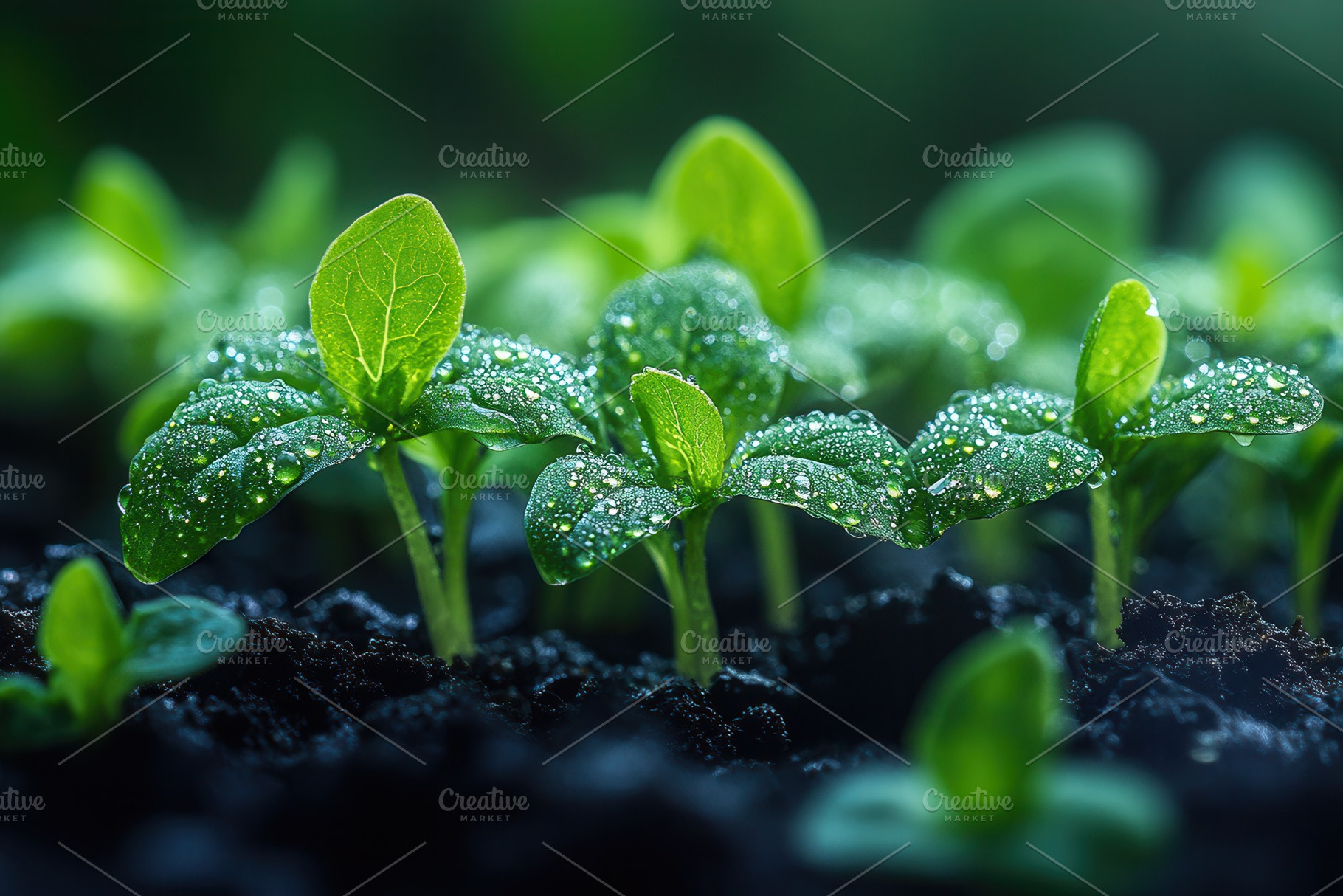 Fresh green seedlings with droplets, a Photo by Tanuart