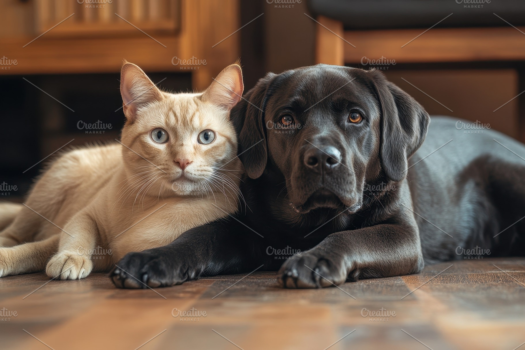 British cat and Labrador dog sitting, a Photo by Pavel_design