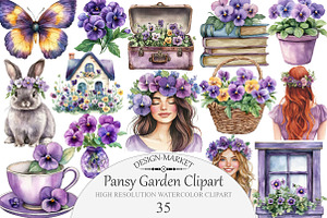 Watercolor Pansy Garden Clipart, an Illustration by Design Market