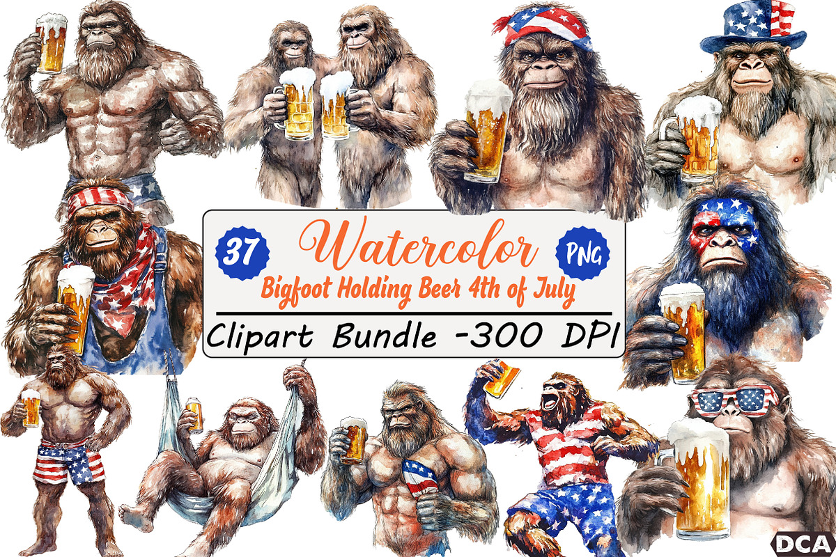 Bigfoot Holding Beer 4th of July PNG, an Illustration by DreamCafeArt (Photo 1 of 6)