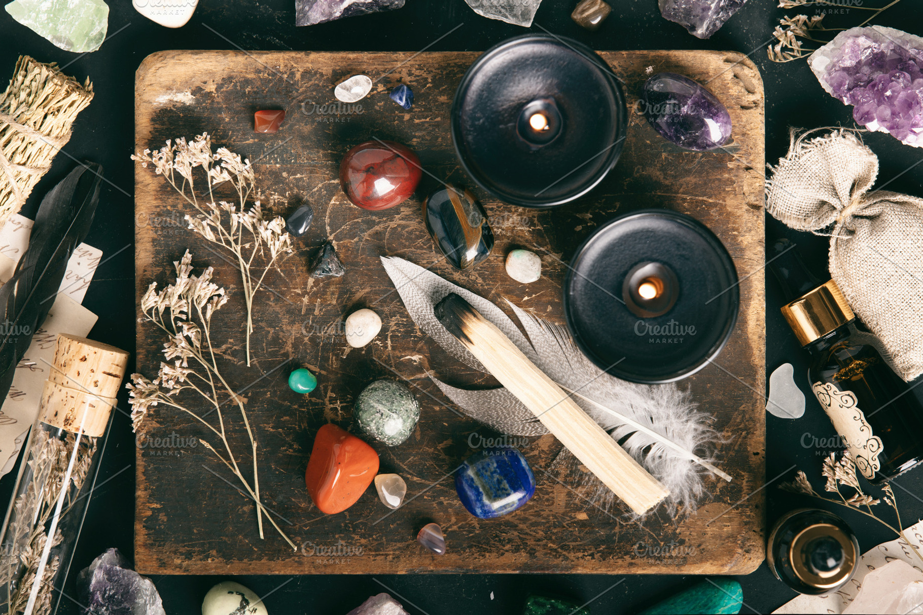 Rustic Crystal Healing and Wellness Set with Candles, an Abstract Photo by Natalia Klenova's Shop