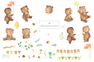 Bear Watercolor Clipart. Woodland