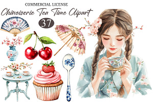 Watercolor Chinoiserie Tea Time Clip, an Illustration by designcity5