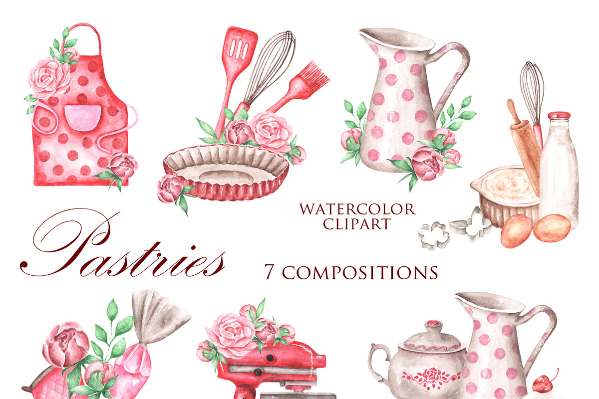 Pastries watercolor set. Baking., a Food Illustration by SabinaWatercolorArt (Photo 3 of 13)