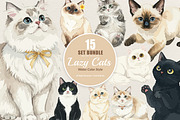 15 Bundle Watercolor Lazy Cats Kiten, an Animal Illustration by Morspective (Thumbnail 1 of 8)