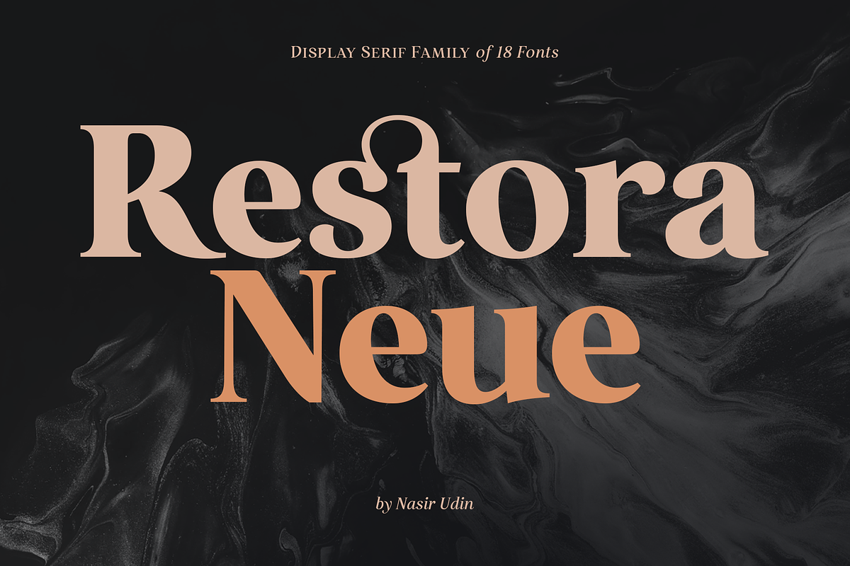 Restora Neue - 18 Fonts, a Serif Font by Nasir Udin (Photo 1 of 20)