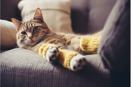 Cat relax at room sofa. Generate AI, an Animal Photo by Ylivdesign