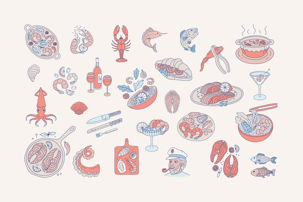 Seafood illustrations Set, a Food Illustration by Vasylyka (Photo 3 of 8)