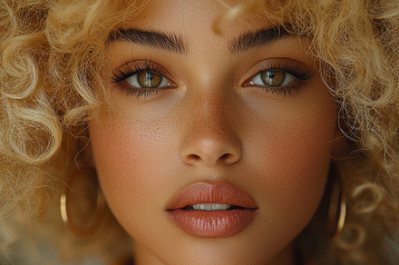 Close-up portrait of a woman with curly hair and golden earrings, a Photo by AS photostudio