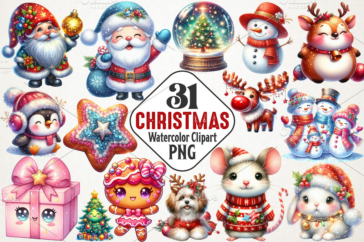 Cute Christmas Watercolor Clipart, an Illustration by RobertsArt (Photo 1 of 7)