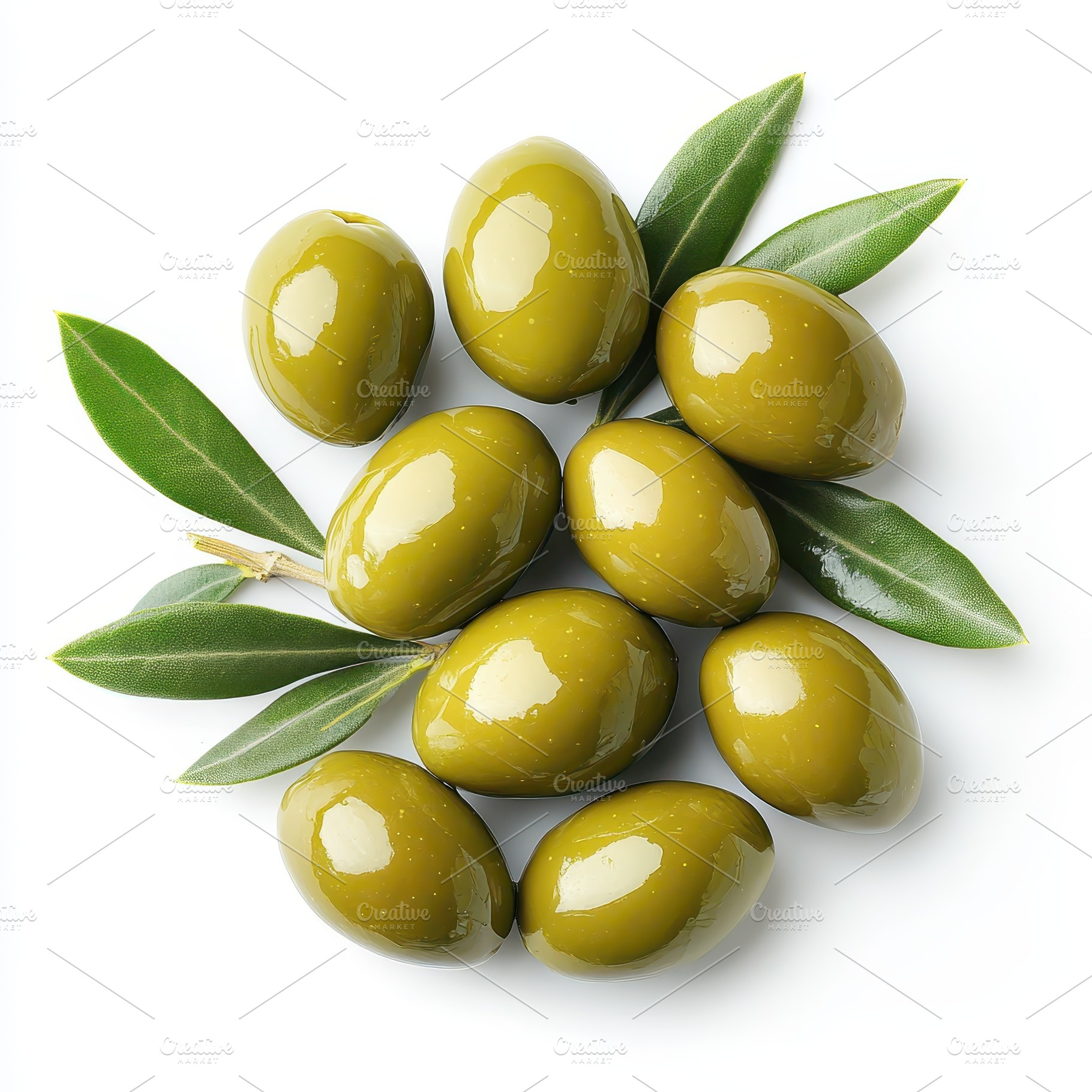Green olives with olive leaves on wh, a Food & Drink Photo by Pixeness Studio