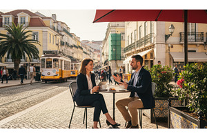 Business partners share coffee at a, an Architecture Photo by Igor Tichonow