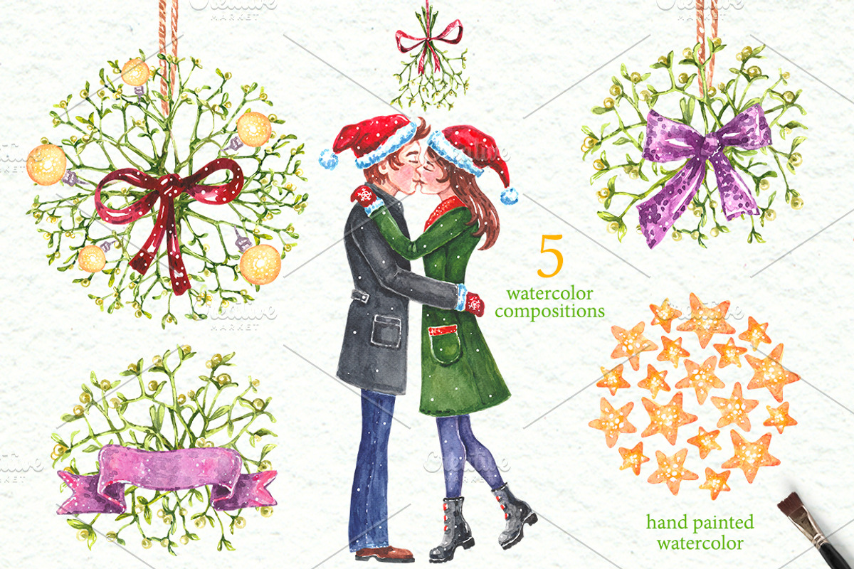 Christmas Mistletoe Watercolor Set, a Decorative Illustration by AnnieDove (Photo 5 of 9)