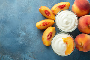 Yogurt with peach slices on a blue, a Photo by Pavel_design