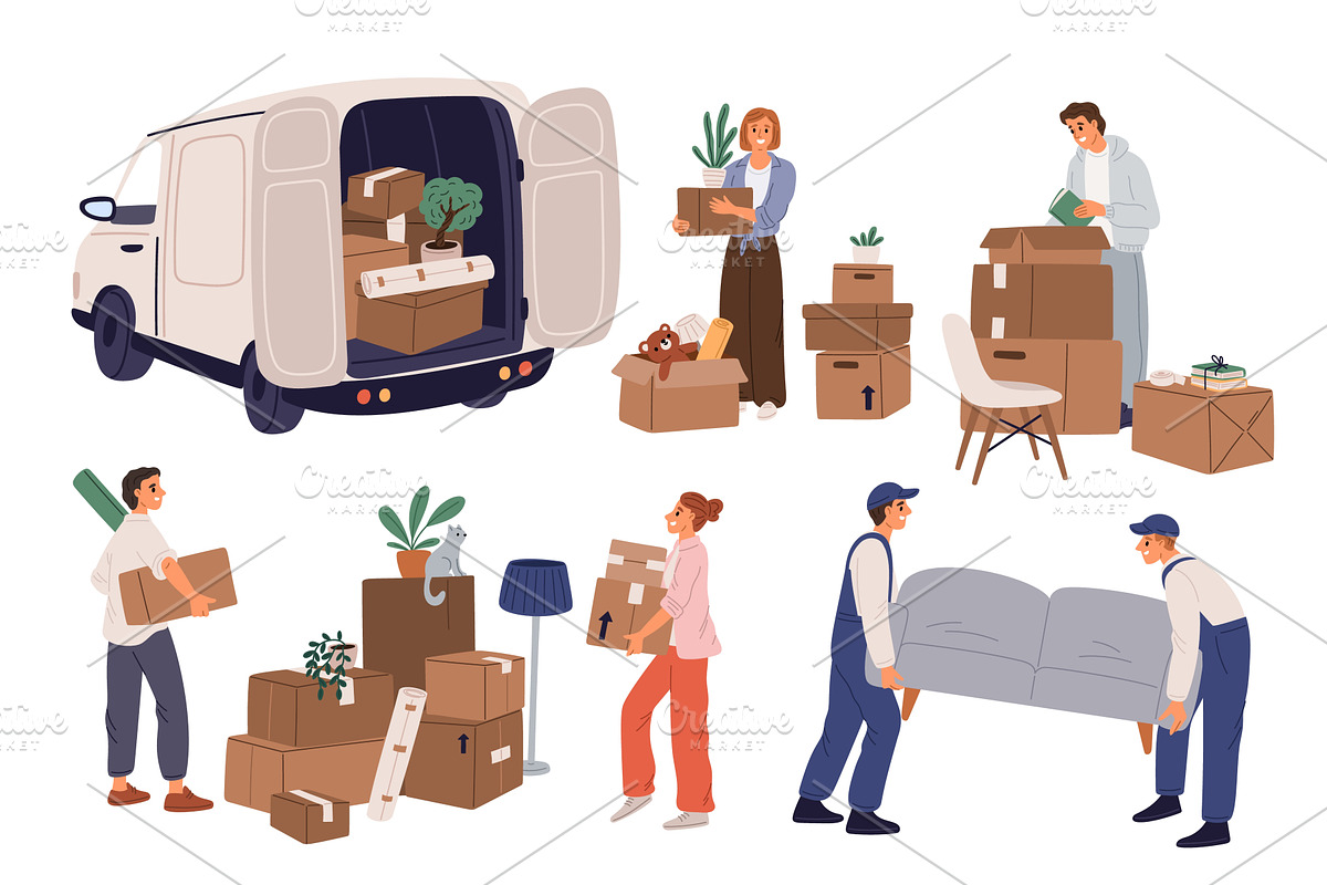 People moving to new housing. Family, a Transportation Illustration by Vectorbuum