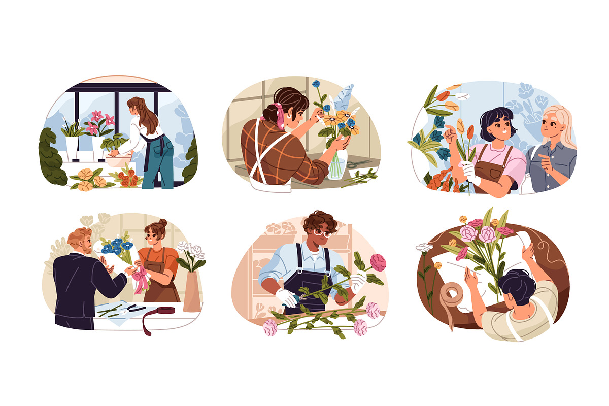 Florists with flowers, bouquets set, a Person Illustration by PaperTrident (Photo 1 of 7)