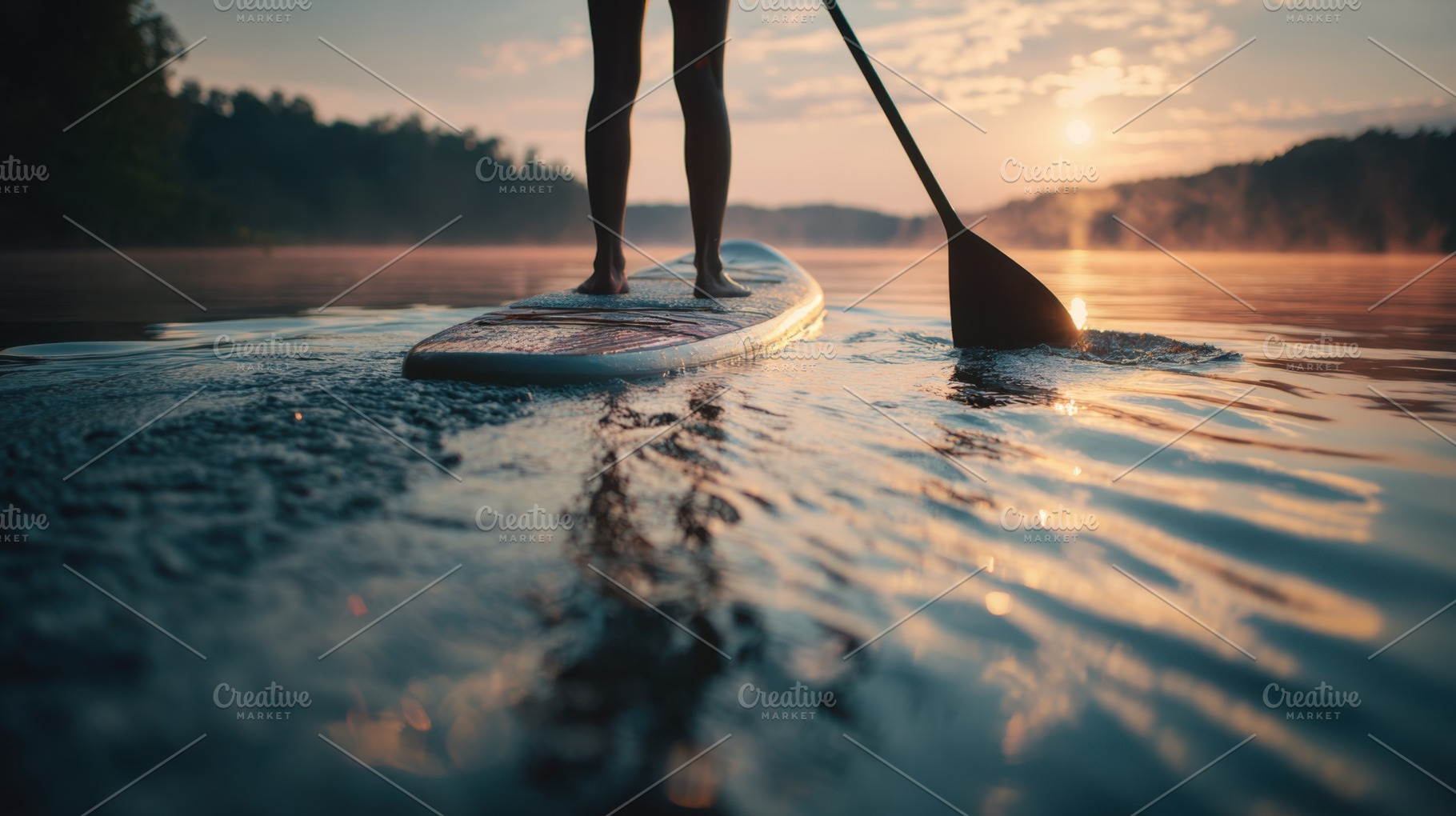 Sunset paddleboarding on calm water, a Photo by Beautiful things