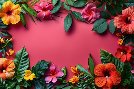 Vibrant Tropical Flowers and Lush Greenery on Pink Background, a Photo by AS photostudio