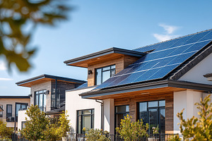 Solar panels enhancing modern residential architecture in a sustainable neighbo, an Architecture Photo by AlyaAnd