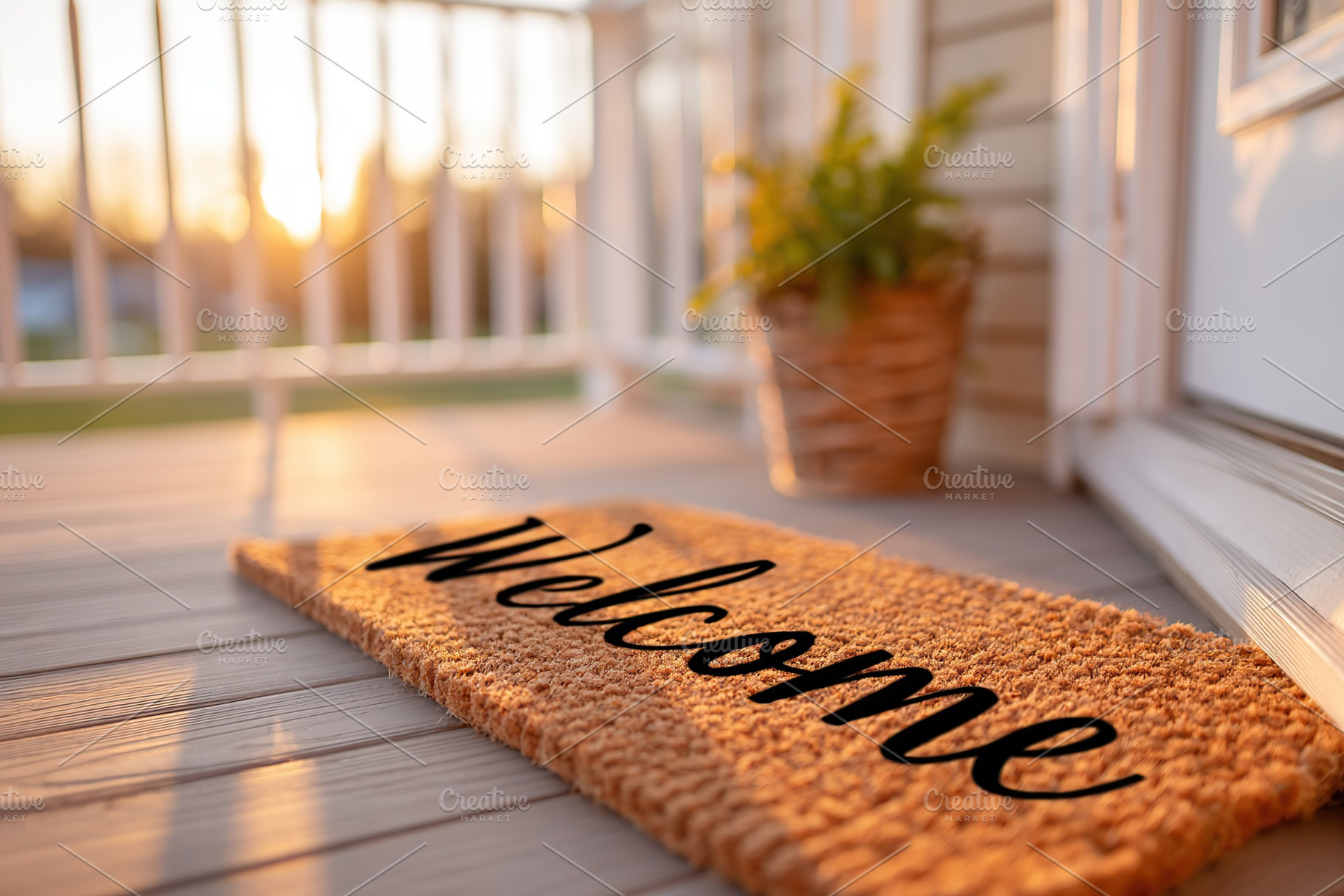 Welcome mat on porch during sunset with plant nearby inviting relaxation and ho, a Background Photo by AlyaAnd