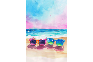 Colorful Sunglasses Beach Scene Art, a Decorative Illustration by Art Paradise Studios