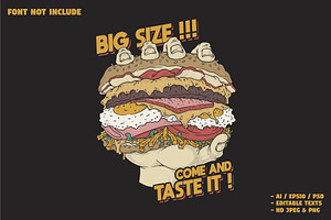 retro hand holding a big burger, a Branding & Logo Template by Judsart