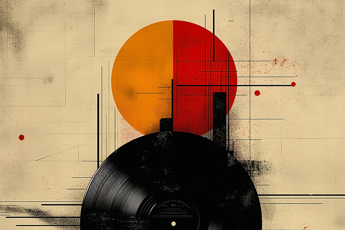 Abstract design featuring a black vinyl record and geometric sha, a Decorative Illustration by ImageMir