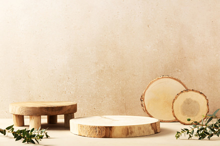 Wooden product display podiums with nature leaves background. 3D rendering, an Abstract Photo by Natalia Klenova's Shop