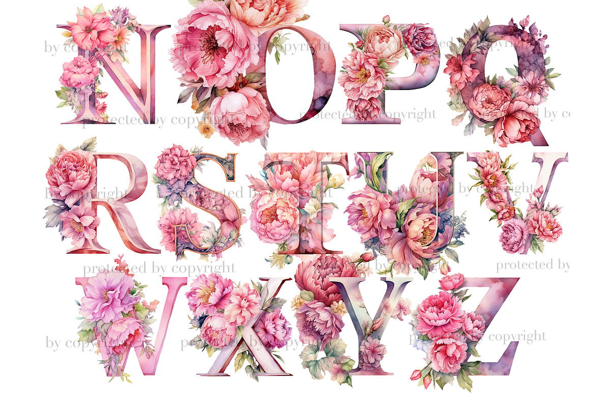 Pink Peonies Alphabet Letters, a Decorative Illustration by GlamArtZhanna (Photo 3 of 5)