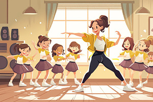Young girls learning dance with an instructor in a bright studio setting, an Illustration by AS photostudio