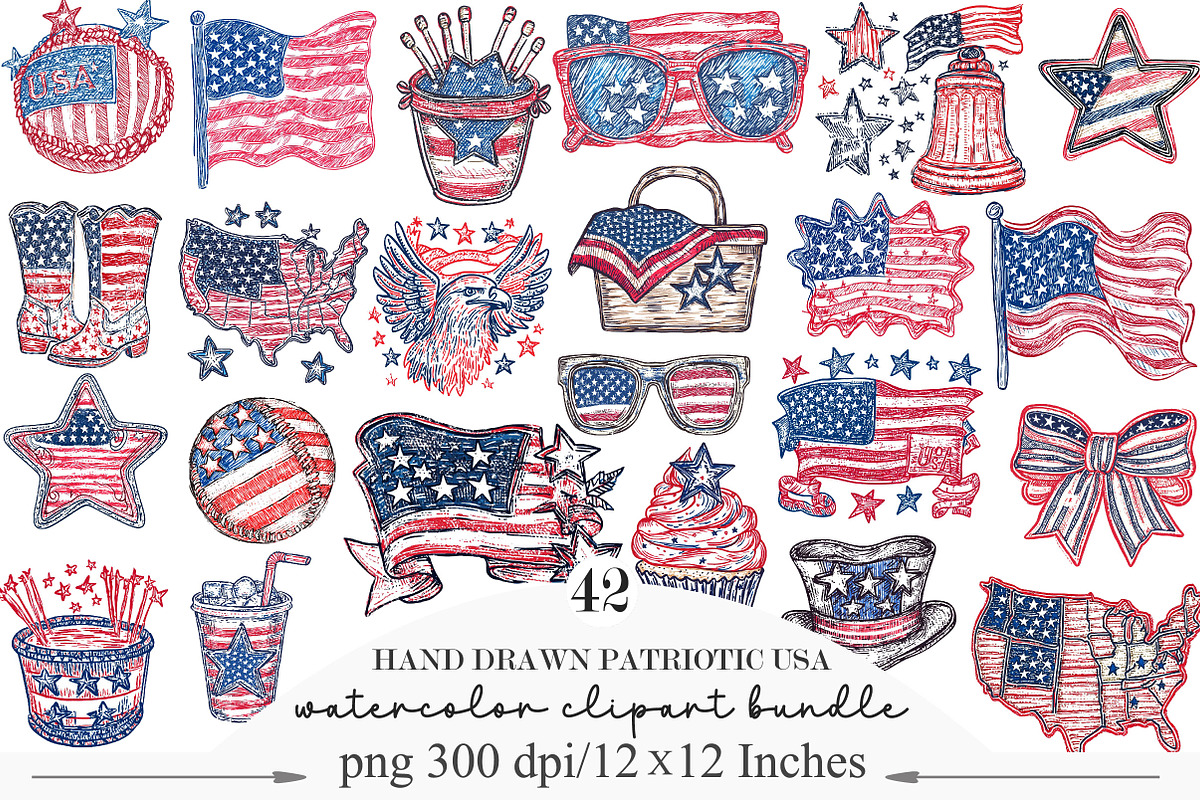 Hand Drawn Patriotic USA Clipart PNG, an Illustration by Designking (Photo 1 of 5)