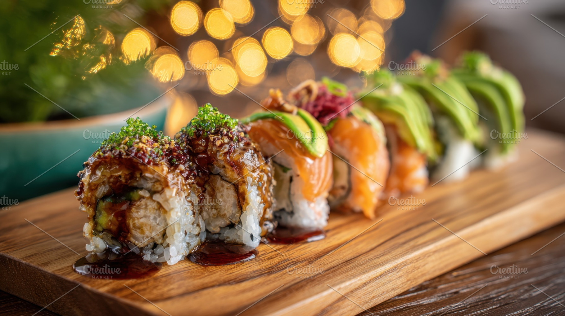 Sushi rolls on a wood board, a Photo by Beautiful things