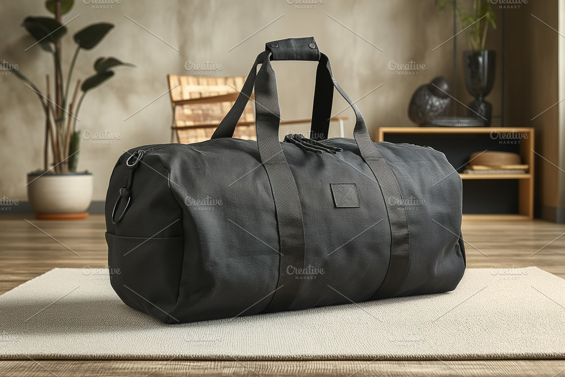 Stylish black duffel bag on a soft rug in a cozy, modern interior with natural, a Business Photo by ImageMir