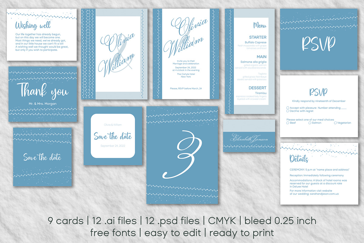 Elegant blue wedding invitation set, an Invitation Template by MariiaVD (Photo 10 of 11)